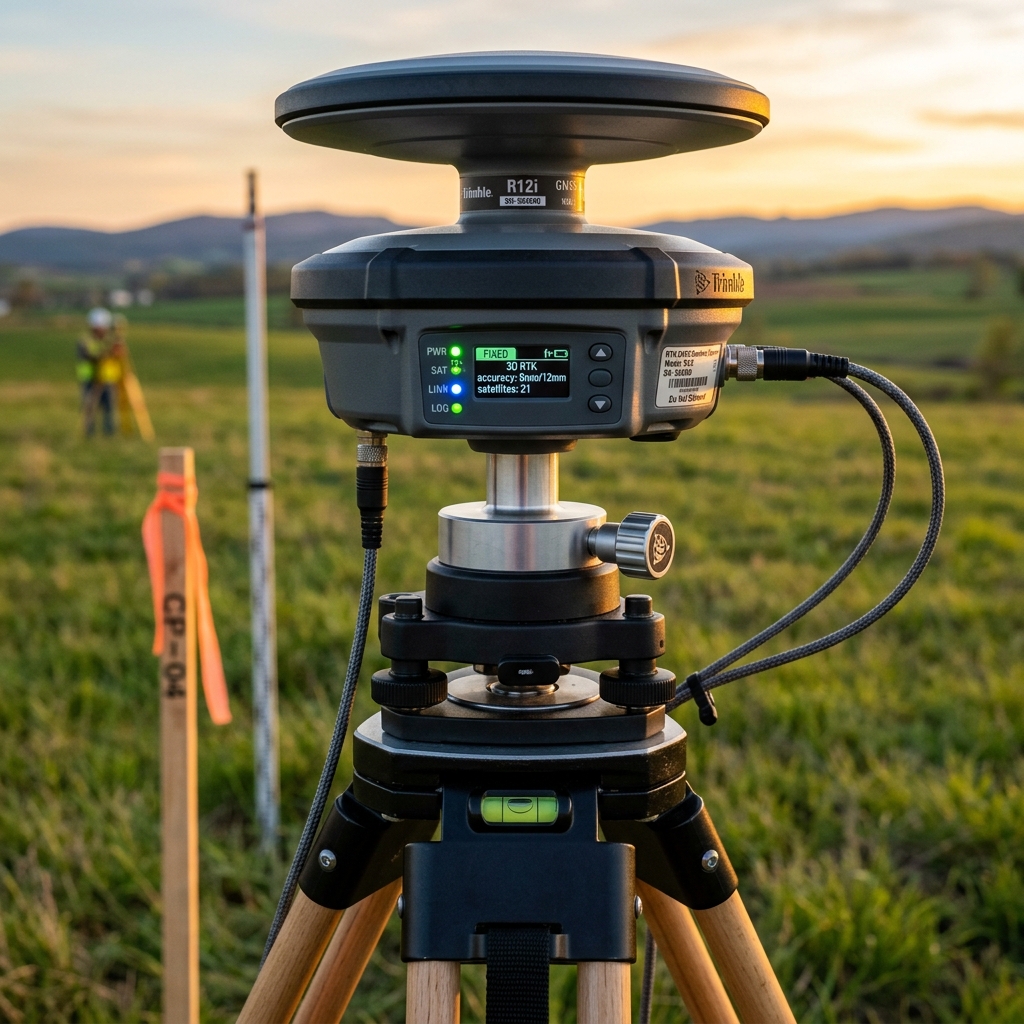 Receptor GNSS profissional sobre tripé em operação de campo